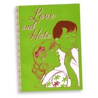 "Love and Hate" notebook journal sketchbook cover detail: Designer Pamela Barsky's play on relationships!