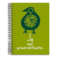 "I will not procrastinate." journal notebook cover detail: Designer Pamela Barsky's illustrative play on the ticking clock of (?)